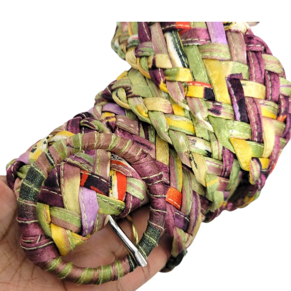 Rainbow Braided Belt Yellow Purple Silky Fabric Woven Large Circle Buckle Large